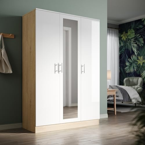 ZANOFIRA 3 Doors Mirrored Wardrobe with Hanging Rail and 5 Shelves, Modern High Gloss & Matt Wardrobes with Large Capacity for Bedroom, White Oak