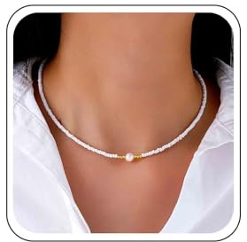 Xmsrn Vintage Saatgut Perle Choker Halskette - Weiß - Boho - Perle Anhänger - Für Frauen
