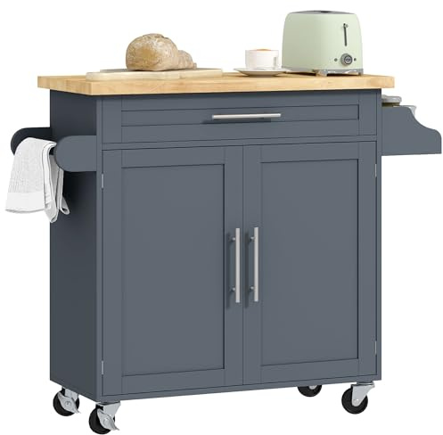 HOMCOM Carrello da Cucina Multiuso con Cassetto, Ruote, Portaspezie e Armadietto, Mobiletto Cucina con Ripiano Regolabile, Portasciugamani e Piano in Legno di Caucciù, 109x40x89 cm, Grigio