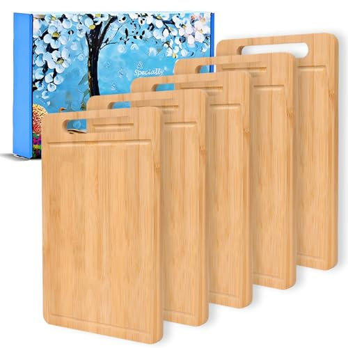 Lot de 5 planches à découper en bois de bambou avec poignée 34 x 22 x 1,2 cm Planche à découper de cuisine pour pizza, pain, fromage, charcuterie, fruits, légumes