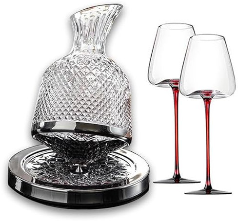 Luxury Wine Decanter Set with 2 Lead-Free Crystal Glasses - 1500ml 360° Rotating & Fast Aeration, Red Wine Carafe Gift for Wedding, Anniversary, Retirement, Wine Buffs