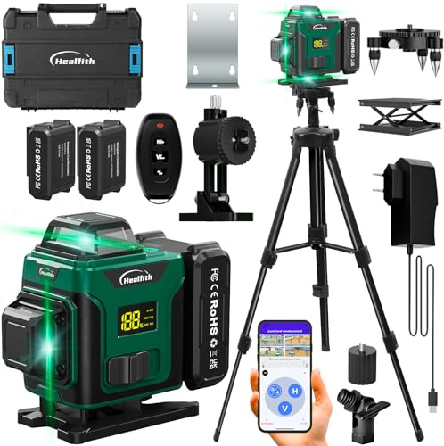 Kreuzlinienlaser mit Stativ | 4D-Laser mit 16 Linien | Fadenkreuz-Laser Wasserwaage | Bau Fadenkreuz Laser Wasserwaage | 2 Wiederaufladbaren 3600mAh Akku mit Ladeanschluss Typ-C (Grün)