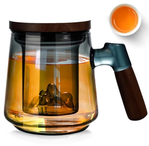 Tasse à Thé En Verre Avec Couvercle et Passoire, 500ML Mug Thé en Verre Borosilicate Transparent Avec Poignée en Bois, 13x8cm Grande Tasse Thé Pour un Cadeau de Thé en VracPour les Amateurs de Thé