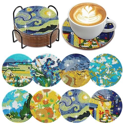 HTTDSLF 8 Pezzi Diamond Painting Coasters Kit con Holder, Diamond Painting Kit, Pittura Diamante Cielo Stellato per Bambini DIY, per Principianti, Adulti e Bambini, Sottobicchieri per Bevande