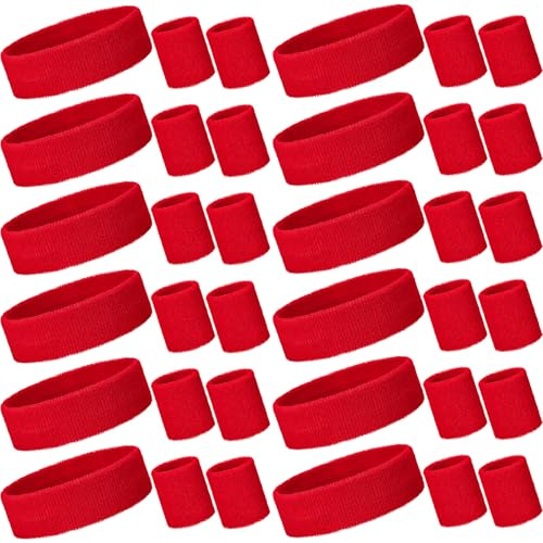 36 Pcs Neon Sweatbands Set 12 Headbands 24 Wristbands, Red, Small