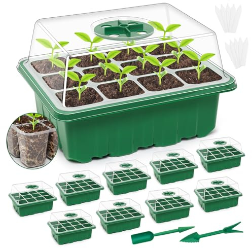 BTONGE Seed Trays, 10 Pack 120 Cells Seed Trays for Seedlings with Clear Lids & Adjustable Vents, Deep Base Reusable Greenhouse Accessories Starter Kit for Seedlings, Herbs & Garden