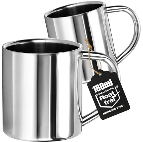Wilhelm Sell® 2 gobelets isothermes inox 180 ml, double paroi avec anse, tasses café incassables, acier inoxydable, sans BPA, compatibles lave vaisselle (180 ml - 2 pièces)