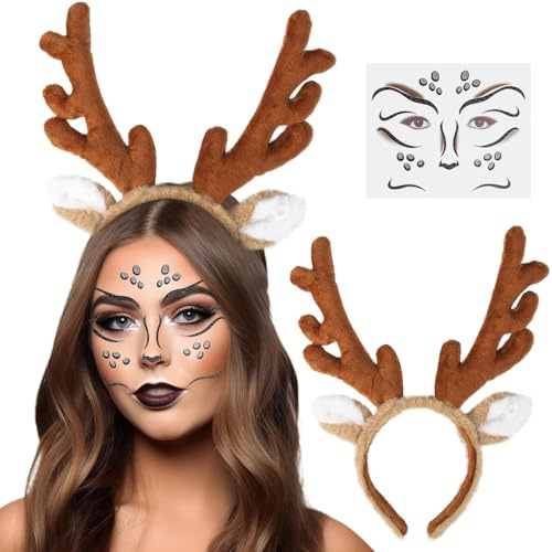 AIEDECOPT Renna Cerchietti per Capelli, Fascia per Corna di Renna Natalizia con Adesivi Viso, Cerchietto con Corna di Cervo, per Donna Natale, Carnevale, Capodanno Festa, Mascherata (B)