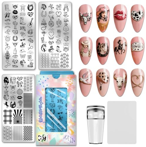 PH PandaHall 3pcs Western Nail Stamping Piastra Cowboy Stivali Cappelli Nail Art Stencil Cavallo Ferro di Cavallo Unghie Modelli di Arte Cactus Manicure Stamper Piastra per le Donne Stampa Manicure