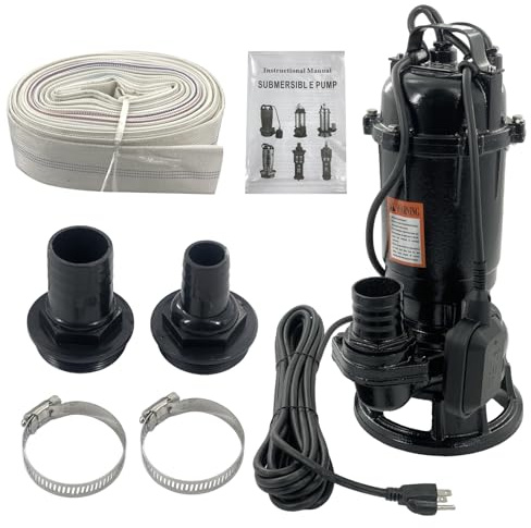 Submersible Sewage Grinder Sump Pump, 2HP 110V 1500W, 6498 GPH Cast Iron Sump Pump with Automatic Float Switch, 2'' NPT Discharge, 66ft Hose for Basement Sump Basin & Sewage Pit
