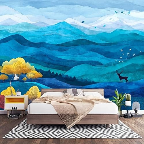 Fotomurales Decorativos Degradado Azul Papel Pintado Pared 200x140 cm Pintura Abstracta de MontañA Papel Pintado Tejido No Tejido Decoración de Pared, Salones, Habitaciones Moderna Fotográfico