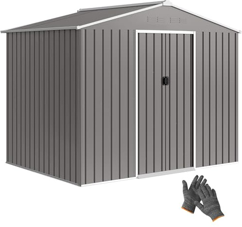 Outsunny Casetta da Giardino 3.6m² in Acciaio Zincato con Prese d'Aria, Capanno da Giardino con Doppia Porta Scorrevole Bloccabile, Tetto Inclinato, Capanno Porta Attrezzi, Grigio Chiaro