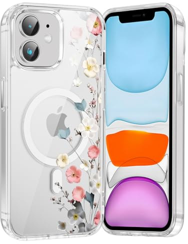 Saqmkil Cover Magnetica per iPhone 12 Mini, Compatibile con MagSafe, Custodia Aesthetic Fiori Disegni Donne Ragazza Case, Trasparente Morbido Silicone TPU Bumper Antiurto Antigraffio Cover, Rosa 3