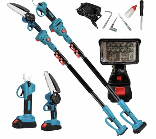 Kit Potatura Professionale 4 in 1 con Asta Telescopica – Cesoia e Motosega Elettrica, 2 Batterie Incluse, Ideale per Taglio Rami Alti senza Scala