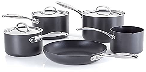 Stellar Element Set of 5 Teflon Non-Stick Pans - 20c, 18cm, 16cm Saucepans with Lids, 14cm Milk Pan, 26cm Frying Pan, Induction Ready