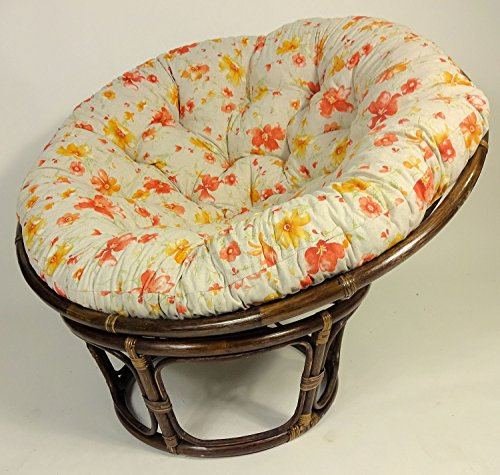 Rattan Papasan Sessel, Papasansessel D 110 cm, Fb. Darkbrown, inkl. hochwertigen Mirha Leinen Polster, Stoff Flowers !