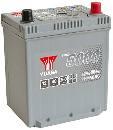 Yuasa YBX5056 Batterie de voiture haute performance sans entretien 12 V 40 Ah 360 CCA Argenté