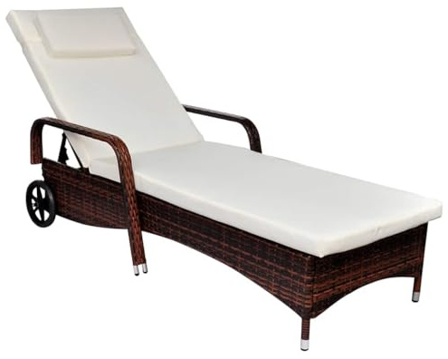 vidaXL Sonnenliege mit Polster & Rollen Poly Rattan Braun