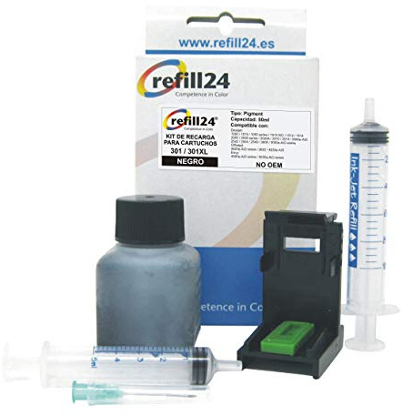 refill24 Nachfüllset: Nachfülltinte 50 ml kompatibel für Druckerpatronen HP 301, 301 XL Schwarz/Multipack + Zubehör + Anleitung, Refillset mit Druckertinte für DeskJet OfficeJet Envy