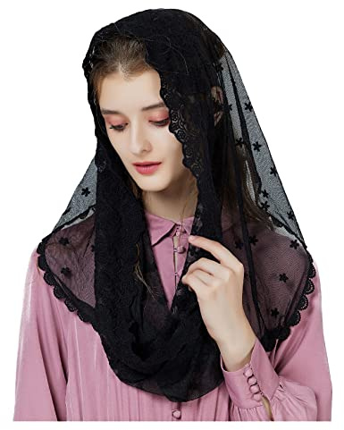 BEAUTELICATE Damen Mantilla Katholisch Schleier Spitze Kapelle Schal Stola Kopfbedeckung Spitze Schwarz Weiß für Katholischen Kirche Latin Mass kirchliche Hochzeit Braut V104