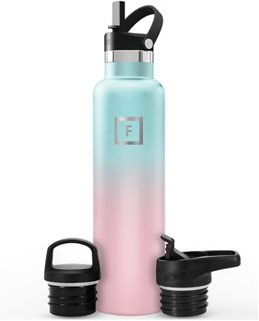 Insulated Water Bottle with Straw Lid Narrow - 710ml (3 Lids) - Cold 24hrs & Hot 12hrs Drinks - Double-Walled Stainless Steel Metal Leakproof Travel Sports Gym Camping & Hiking Hydration Flask