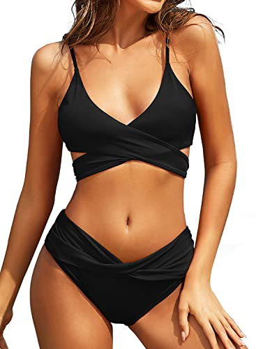 SHEKINI Damen Bikini Set Push Up Verstellbar Crossover Ties-up Neckholder Bikinioberteil Zweiteiliger Badeanzug Triangel Ruched Sport Slip Bikinihose Strandkleidung(L,Schwarz)