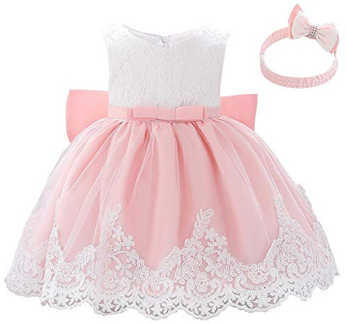 Lito Angels Vestidos Elegante Bebe Niña en Flor de Encaje Bordado y Tul Rosa, con Diadema de Lazo, para Boda Fiesta Ceremonia, Talla 12-18 Meses 426