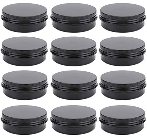12 Pack 2 oz Aluminum Tin Jar 60 ml Round Refillable Containers,Black Aluminum Cosmetic Sample Containers with Screw Lid for Spice,Salve,Powder or Candies