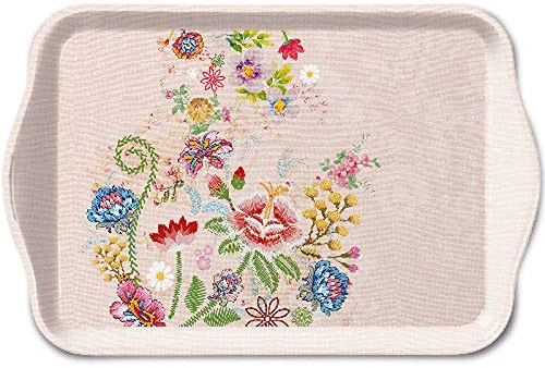 Serivce - Vassoio in melamina, 13 x 21 cm, motivo: fiori di rosa ricamata, colore: Rosa