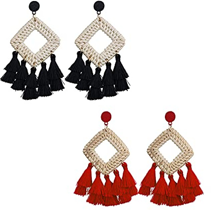 HUNO Handmade Long Tassel Earrings Rattan Knit Fringe Geometric Square Round Statement Dangle Drop Earrings Women Beach Boho Jewelry (H red black)