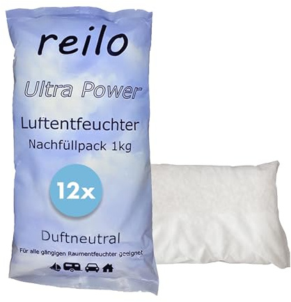reilo 12x 1kg Ultra Power Luftentfeuchter Granulat, Raumluftentfeuchter im Vliesbeutel, Nachfüllpacks für Entfeuchterboxen 1 bis 1,2kg, Lufttrockner für Wohnräume, Schlafzimmer, Keller