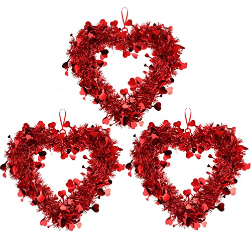 Chuangdi 3 Pieces Valentine Heart Shaped Wreaths Red Tinsel Heart Shaped Wreaths with Foil Love Hanging for Valentine's Day Wedding Front Door Wall Window Mantel Decor