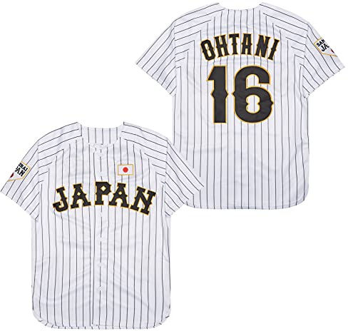 Herren #16 Ohtani Jersey Japan Samurai Weiß Schwarz Nadelstreifen Hip Hop Baseball Trikot (Größe M, Schwarz), Weiss/opulenter Garten, Medium