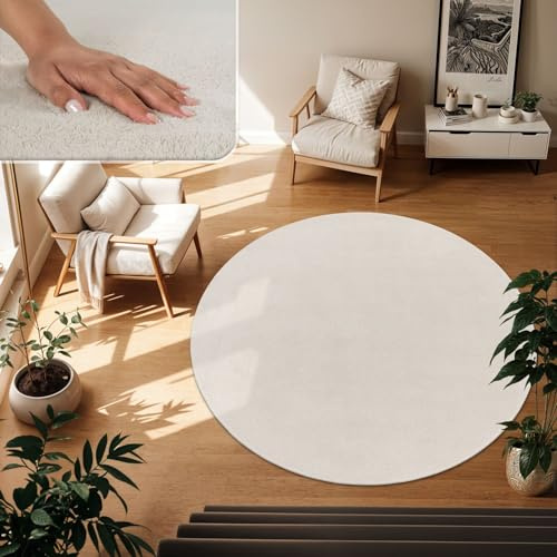 TT Home Wohnzimmer Teppich Kurzflor Anti-Rutsch Rückseite Unifarben Modern Waschbar, Farbe:Creme, Größe:80 cm Rund