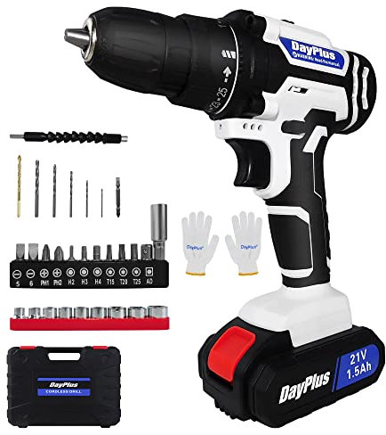 21V Akku Schraubendreher 2 Geschwindigkeiten LED-Beleuchtung 45Nm Bohrschrauber Set mit 1.5Ah Akkus und 1 Ladegerät, inklusive Tragbarer Werkzeugbox (Weiß)