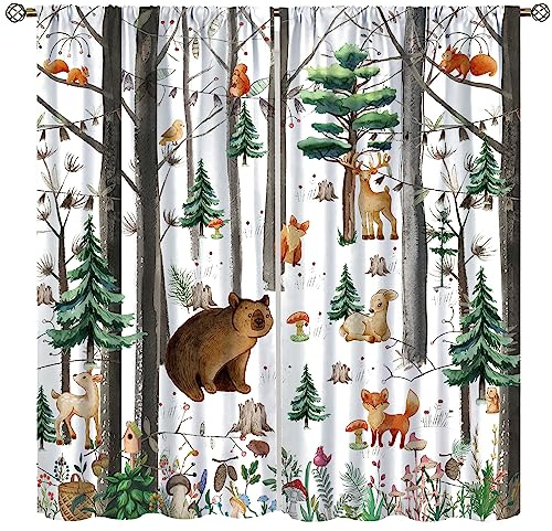 YCness Kindervorhänge mit Waldtieren, Waldtiere, Fuchs, Elch, Bär, Aquarelldruck, Vorhänge für Kinderzimmer, Schlafzimmer, Wohnzimmer, rustikale Wildtier-Fenstervorhänge, 2-teiliges Set, 106 x 137 cm