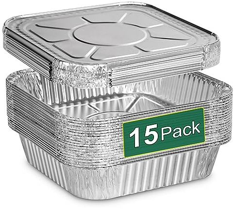8x8 Inch Disposable Aluminum Foil Pans with Lids (15 Pack) - Heavy-Duty Baking Trays for Air Fryer, Oven- Reusable & Leakproof Design