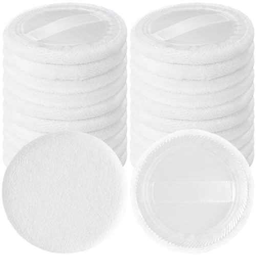 HINZIC 25 Pack 60mm Round Powder Puffs for Foundation Makeup Applicators, Soft Cotton Skin-Friendly Face Powder Sponge Velour Velet Puffs Pads for Cream Cosmetics- White