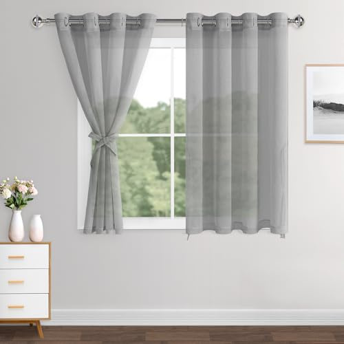 XWZO Sheer Curtains 2 Panels Linen Look Voile Curtains Semi Transparent Grommet Tieback Window Curtains for Bedroom,Light Filtering,Airy & Breathable Voile Drapes,Gray,W55*L57