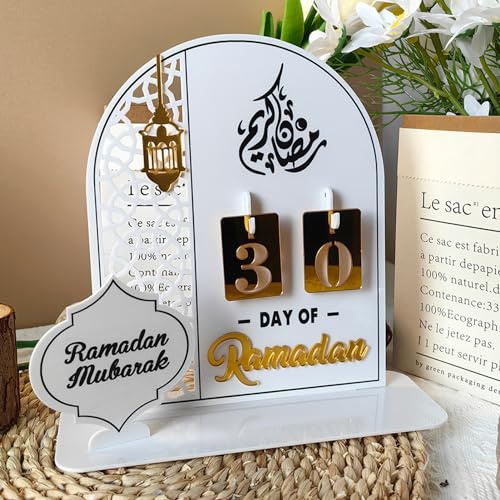 Ramadan Kalender Dekorative Adventskalender,Eid Mubarak Dekoration Ramadan aus Acryl Countdown Kalender Ornament Gebet Ramadan,Mubarak Deko Wohnzimmer Ramadan Geschenke für Kinder (Weiß)