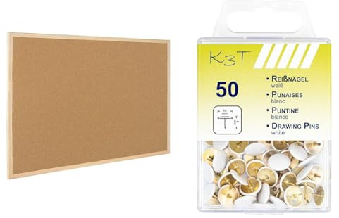 Raylu Paper® - Natürliche Korkplatte mit Rahmen aus Kiefernholz, Pinnwand mit Montageset. (60 x 40 cm) & TSI 48088 Reißnägel 50er Packung, weiß, 10mm