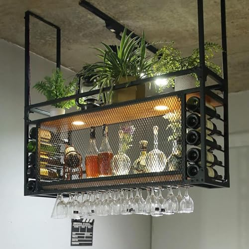 Witriolik 140x30x50cm Deckenregal Decken Weinregal, Deckenregal Hängende Lagerregale Schwarz mit Glashalter, Eisen Massivholz Weinregal für Bar Café Küche(Decken Weinregal/140x30x50cm)