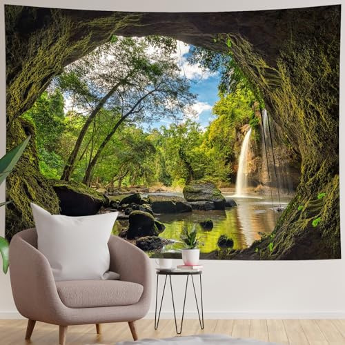 Hoisy Wald Tapisserie Höhle Landschaft Tapisserie Wandbehang Dschungel Wanddekorationen für Schlafzimmer 150 x 100 cm