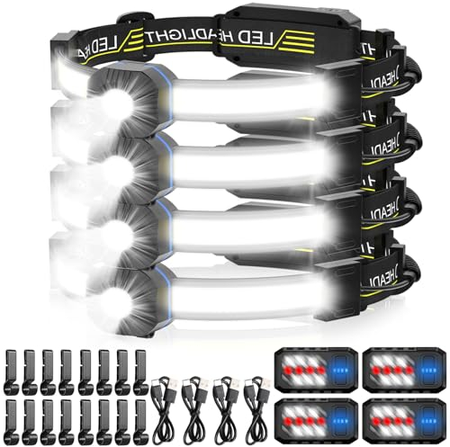 Spriak Lampada frontale a LED, 1000 lumen, fascio largo a 230°, confezione da 4, ricaricabile tramite USB, con fanale posteriore rosso, leggera e impermeabile, per campeggio, corsa, escursionismo,