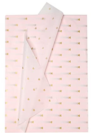 Gold Heart Gift Tissue Paper Sheets Romantic Pink Flower Wrapping Paper Clothes Wine Wraps Valentine's Day Wedding Mother's Day DIY Gifts Decor 19.7x27.5 Inches 28pcs (1 Pink (Gold Heart))
