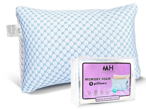 MH Traders 100% Shredded Memory Foam Pillow Firm pillows with 2 Comfort Zones Cooling & Bamboo Pillow Cover Cooling Gel Filling & Adjustable Height Pillows for Side Back & Front Sleepers (50x75CM)