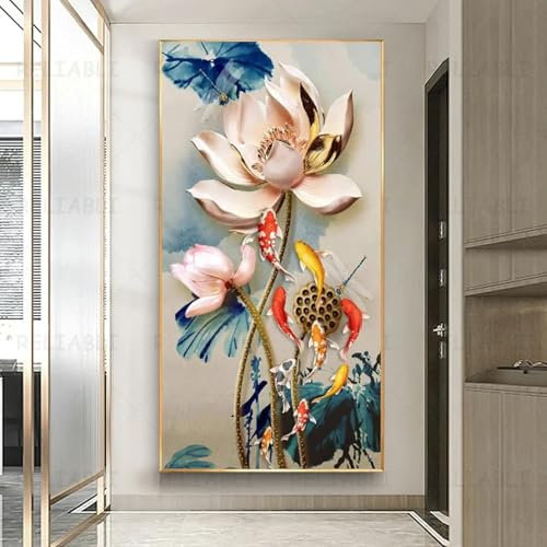 NXMYDBD Bild Wandkunst im chinesischen Stil, roter Koi, Glückskarpfen, Leinwandmalerei, Fisch, Goldfisch, Poster, Eingang, Jahresring, Heimdekoration, 50 x 100 cm (20 x 39 Zoll), ungerahmt