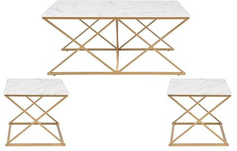 unipaws Modern Nesting Coffee Table Set of 3, Faux Marble Top with Golden Frame, Coffee Table with 2 Square End Side Tables, Perfect for Living Room, Apartment, Office