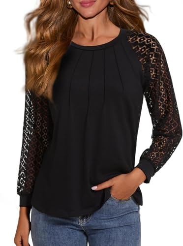 HAWILAND Camicetta plissettata da donna, elegante, in pizzo, trasparente, maniche a sbuffo, a maniche lunghe, girocollo, casual, lunga, Nero , L