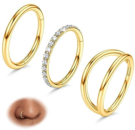 BodyBonita 3 Stück Nasenpiercing – 316L Edelstahl Doppelt Reifen Nasenring 16G CZ Septum Piercing Helix Conch Tragus Daith Ohrring lippenpiercing Schmuck Hypoallergen Frauen Männer Gold 8mm